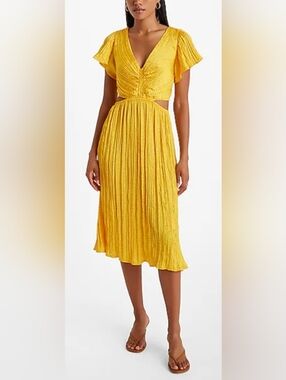 Express Satin V-Neck Flutter Sleeve Pleated Cutout Midi Dress Sz L NWT